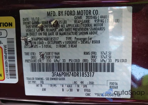 2013 Ford Fusion Se z USA, uszkodzony, nr VIN 3FA6P0H74DR185317
